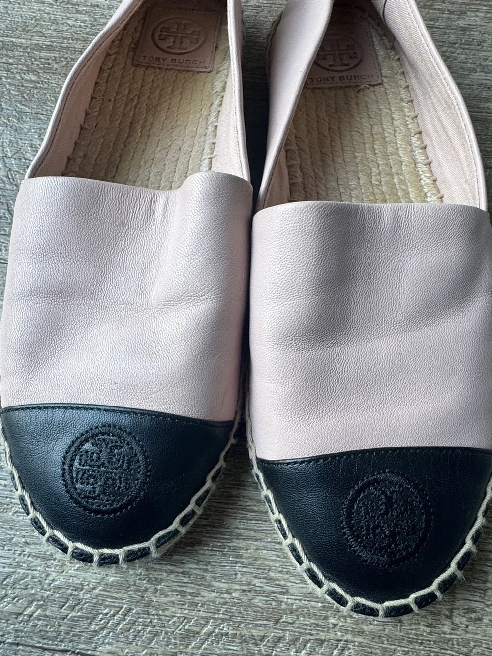 Tory Burch Blush Pink and Black Leather Cap-Toe Espadrille Flats size 7.5
